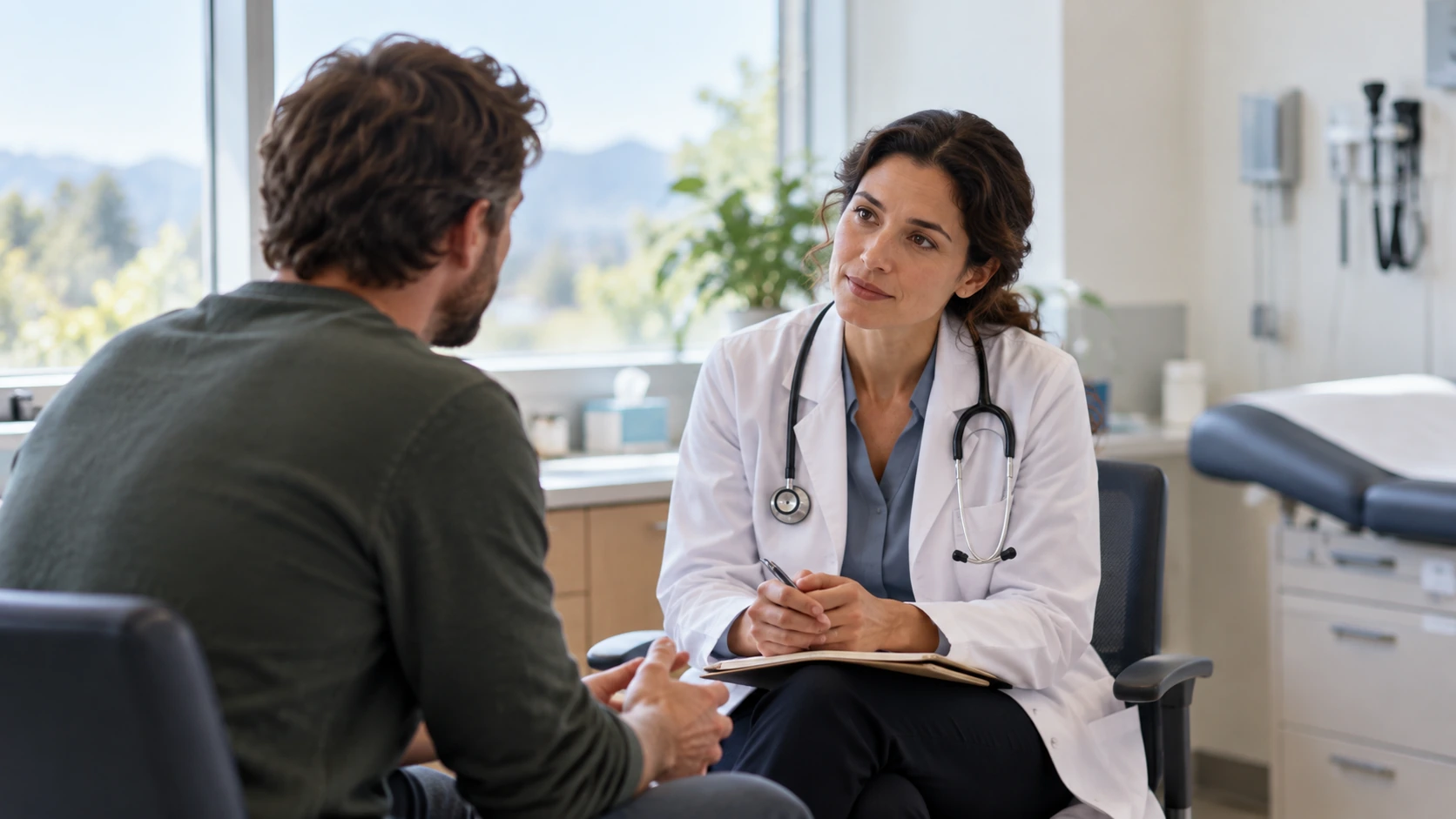 A doctor listening to an adult during a primary-care consultation.