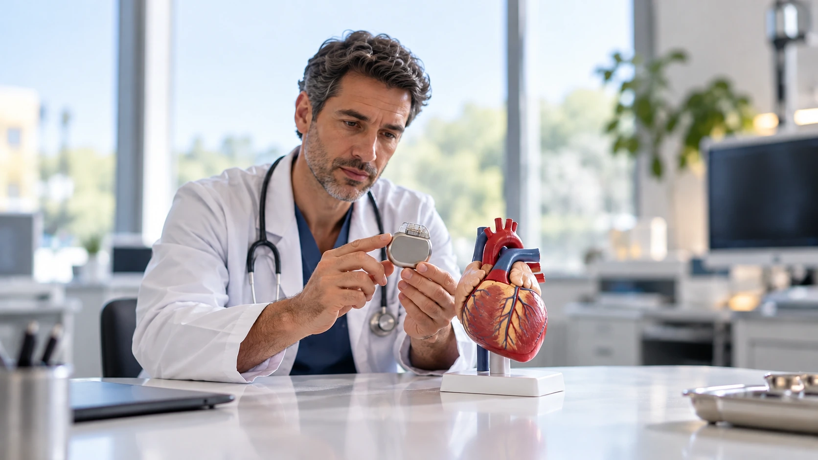 A cardiologist holding a pacemaker demonstration device beside a heart model.
