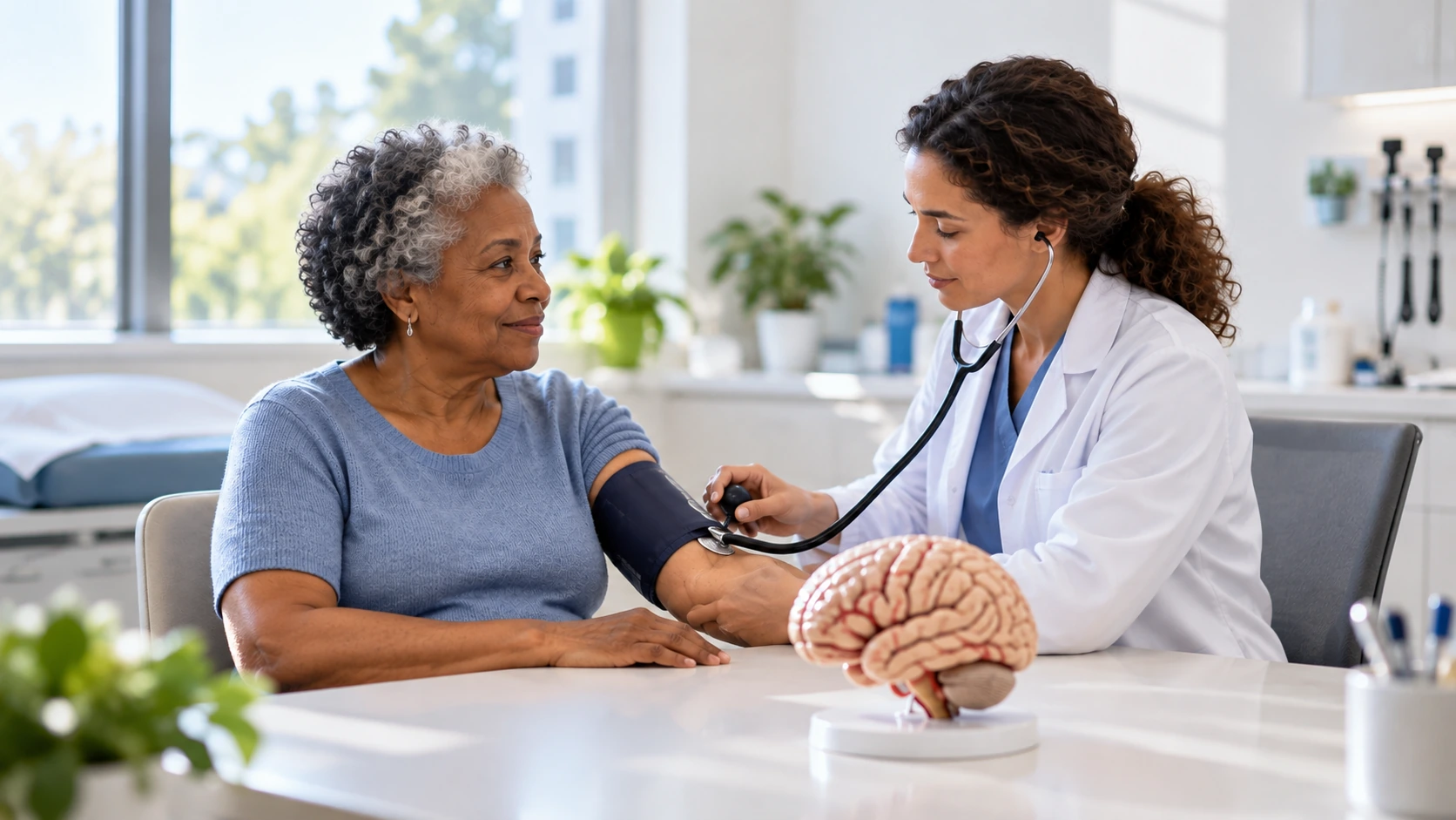 A clinician checking an older adult's blood pressure beside a brain model.