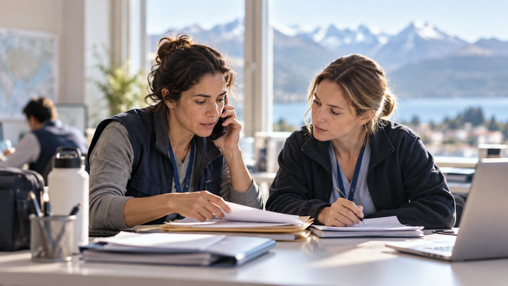 Public-health professionals coordinating their work at a desk.