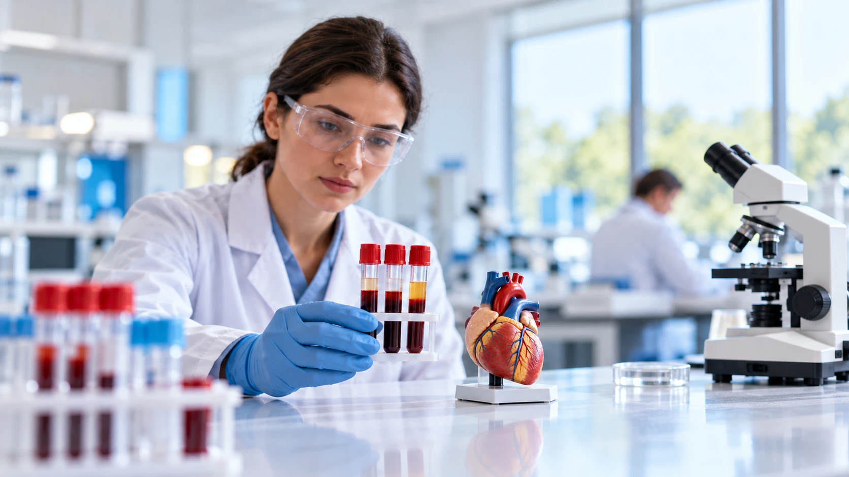 A researcher handling serum tubes beside a heart teaching model.