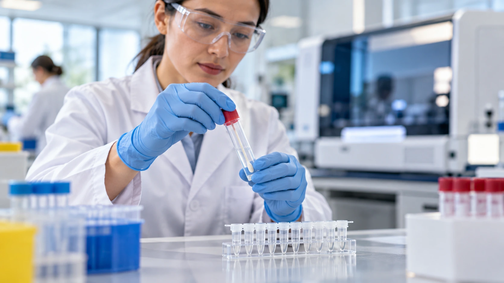 A public-health laboratory researcher handling a closed swab transport tube.