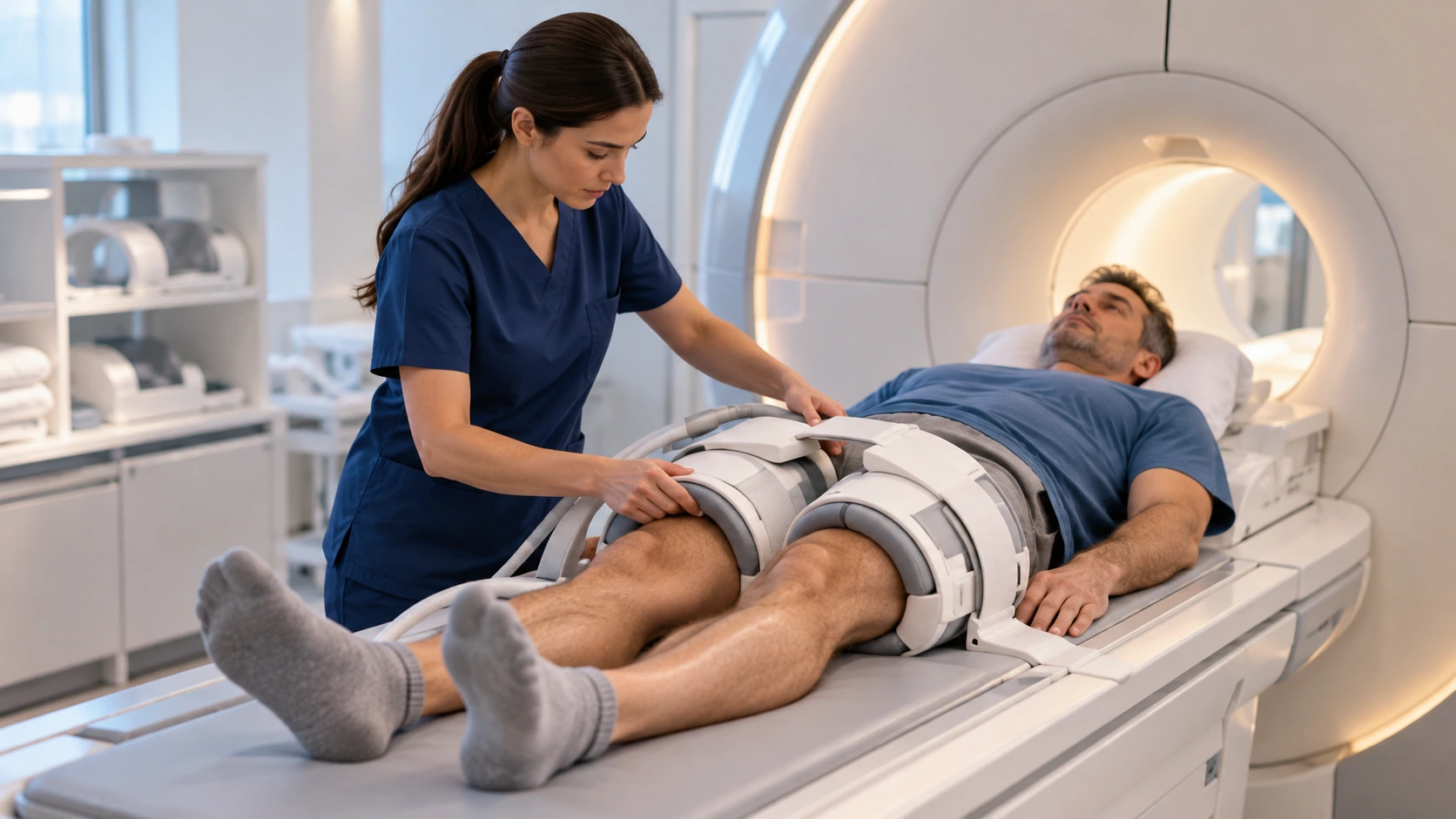 A radiographer preparing a thigh coil for a musculoskeletal MRI examination.