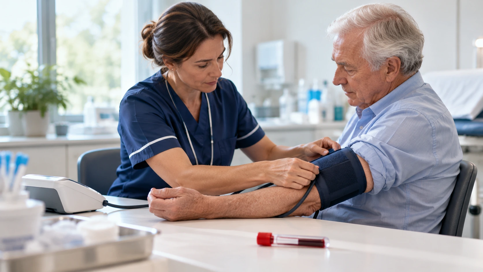 A nurse checking an older adult's blood pressure in a clinic.