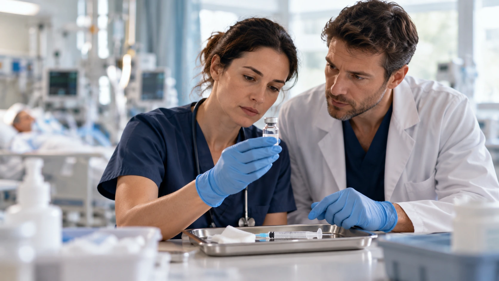 A pharmacist and nurse reviewing a medicine vial in a critical-care workspace.