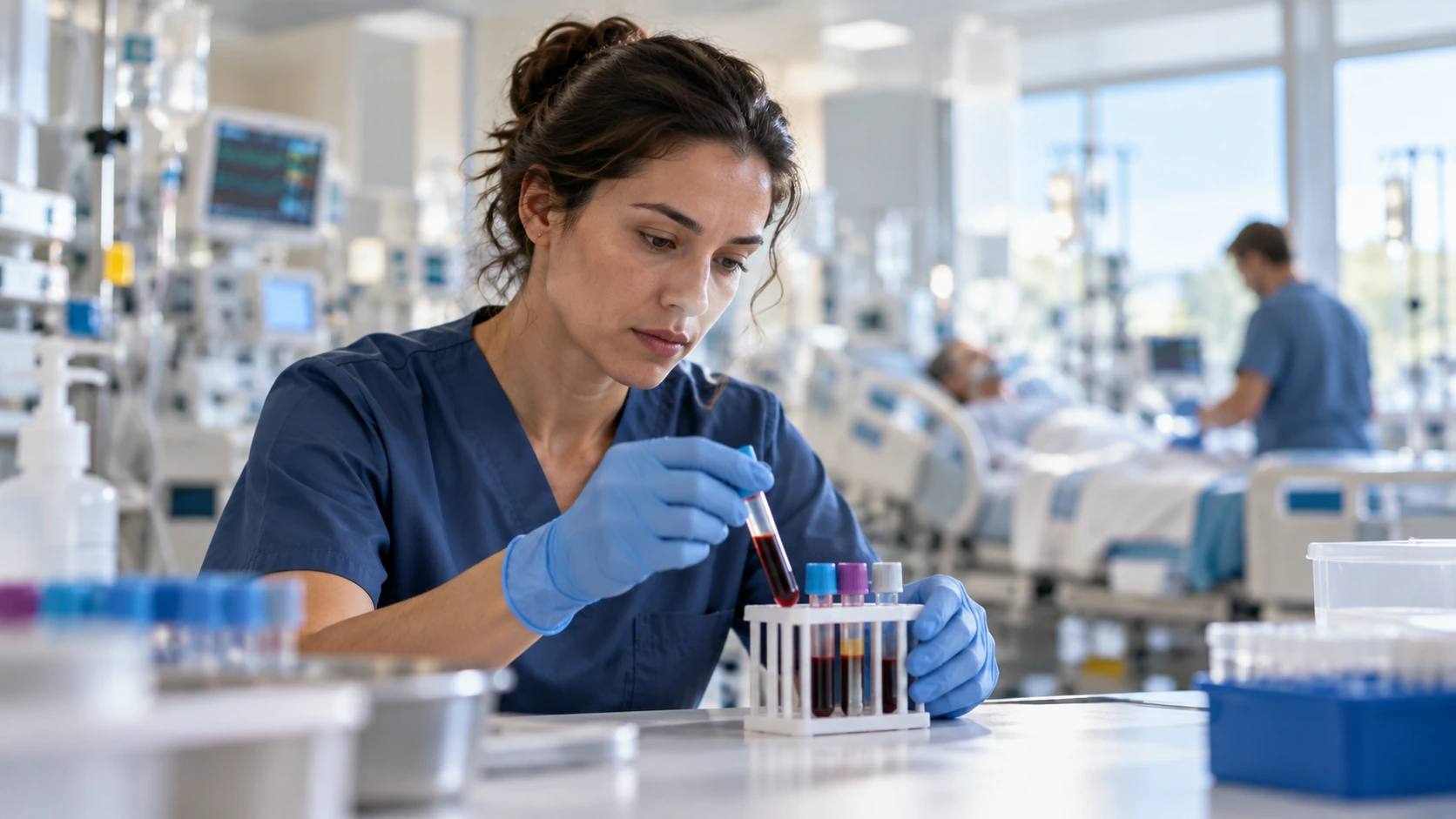 A critical-care research nurse handling blood sample tubes.