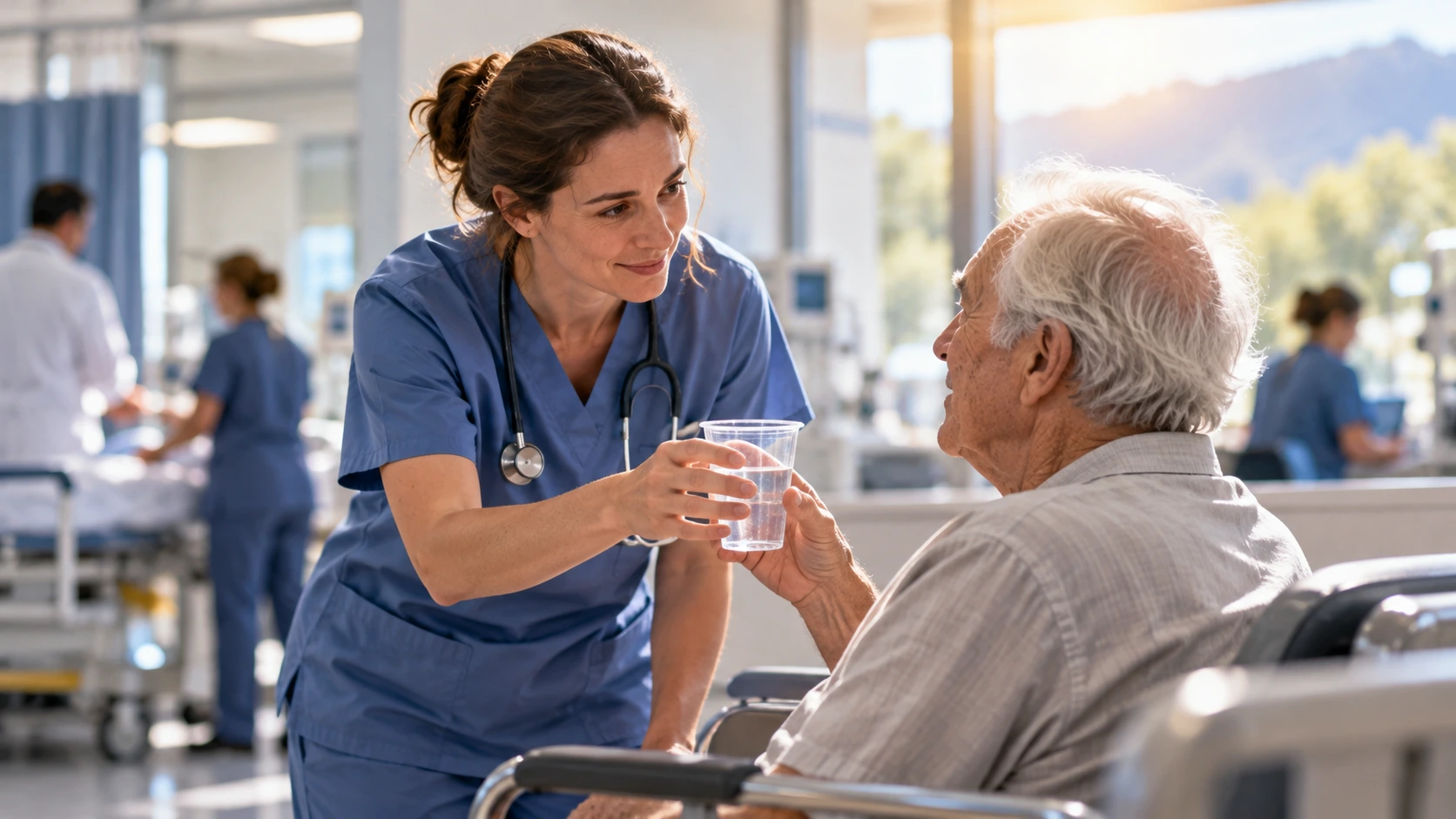 A nurse offering water to an older adult in an emergency-care setting.