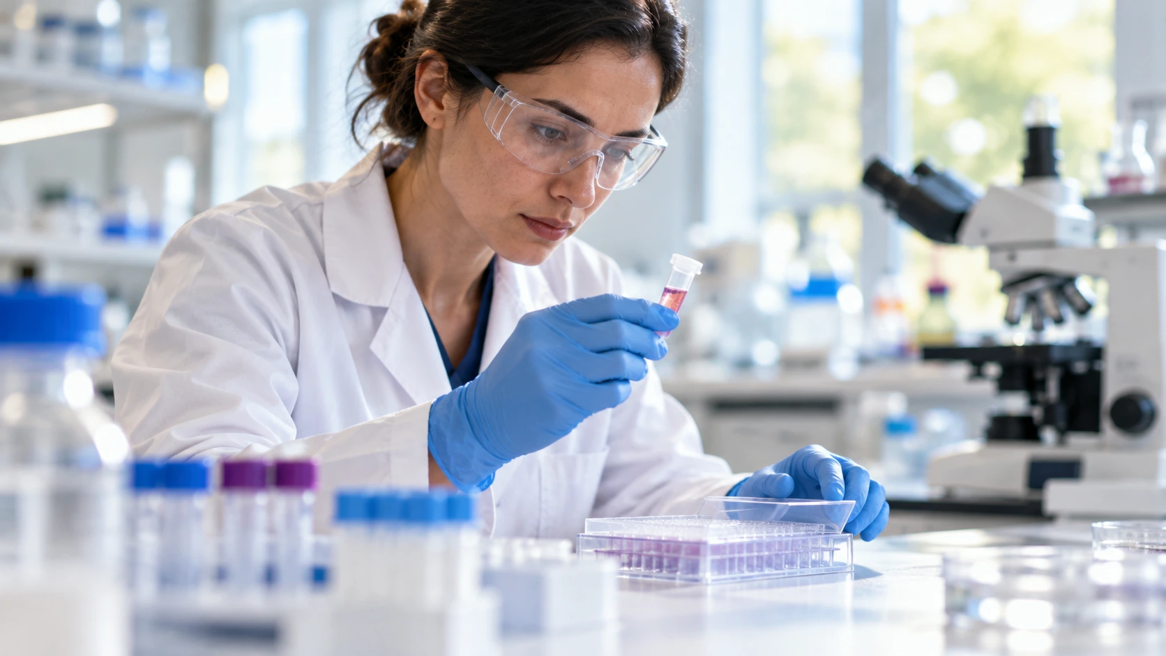 A molecular pathology researcher handling a specimen tube beside a covered assay plate.