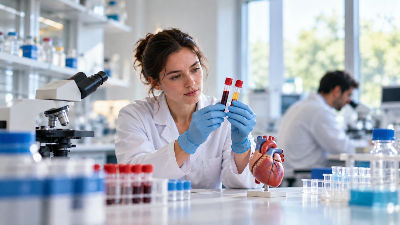 A researcher handling serum tubes beside a small heart teaching model.