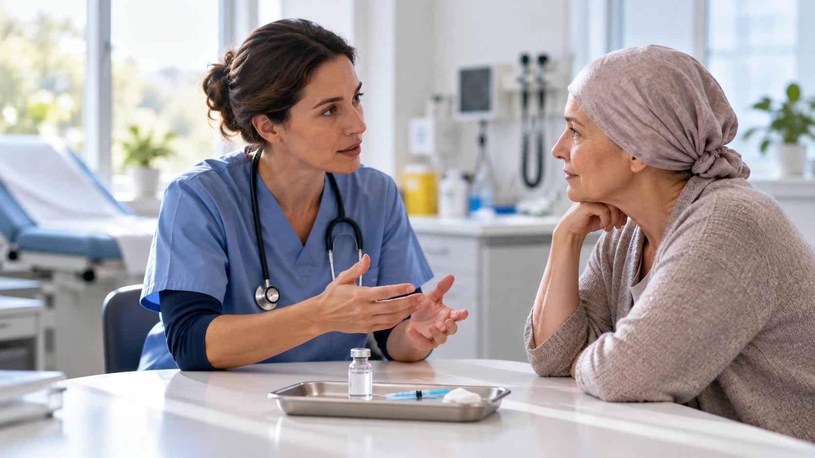 A nurse discussing vaccination with an adult in a clinic.