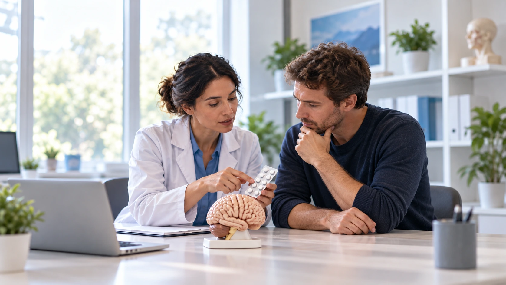 A pharmacist discussing medicines beside a small brain teaching model.