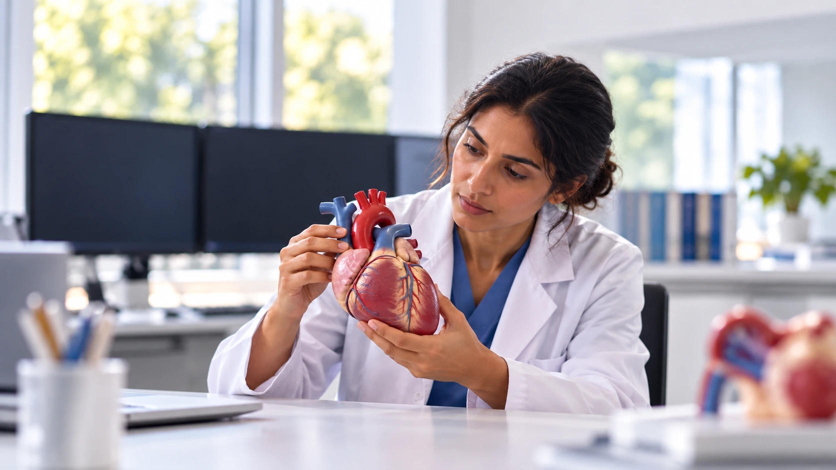 A cardiac researcher examining a physical heart teaching model.