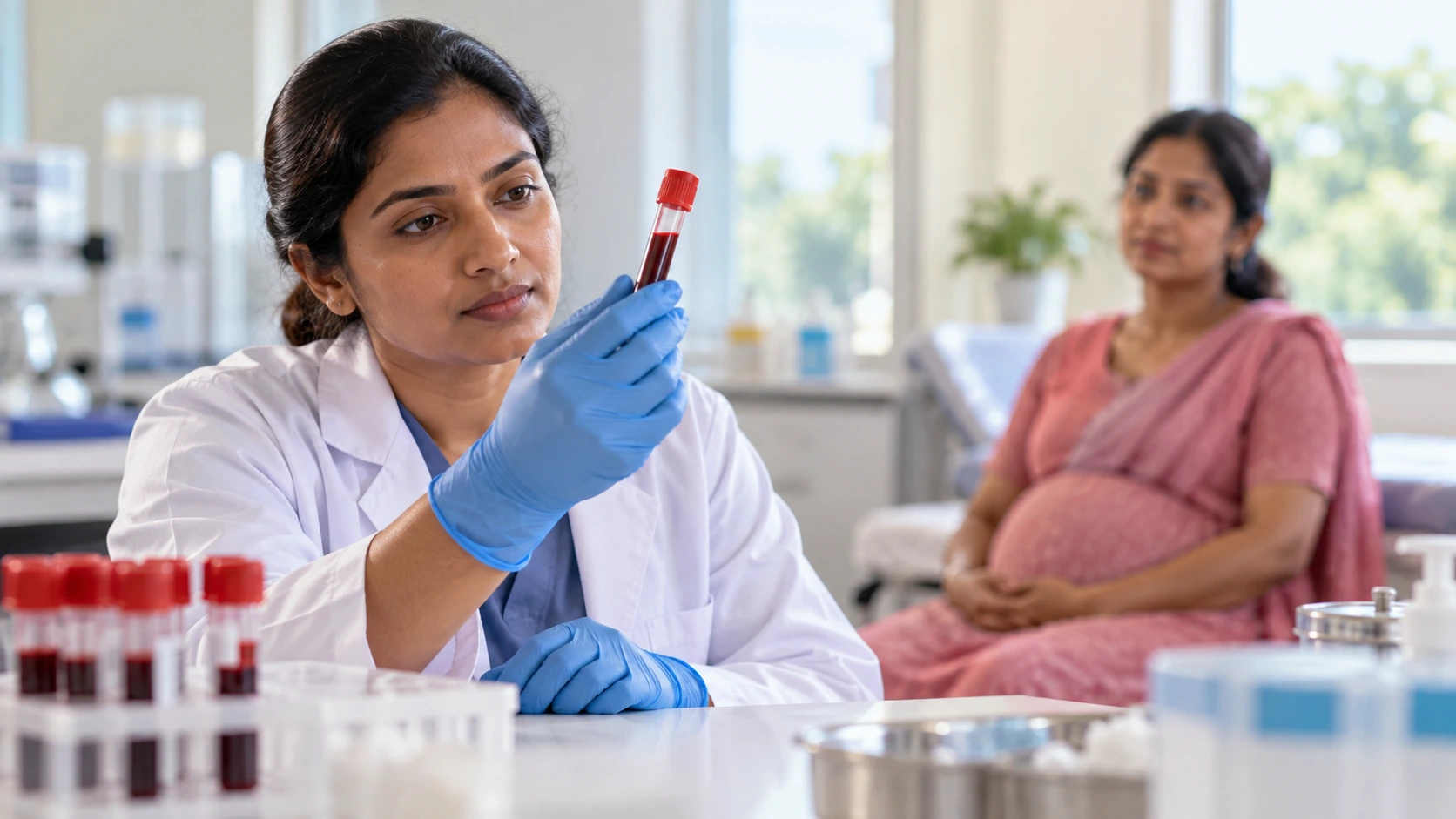 A laboratory professional handling a blood sample in an antenatal care setting.