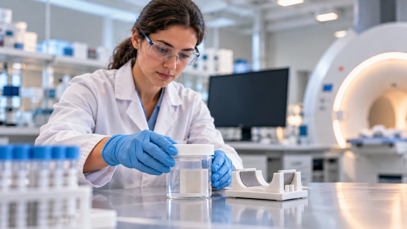 A pathology researcher preparing a closed specimen container for imaging research.