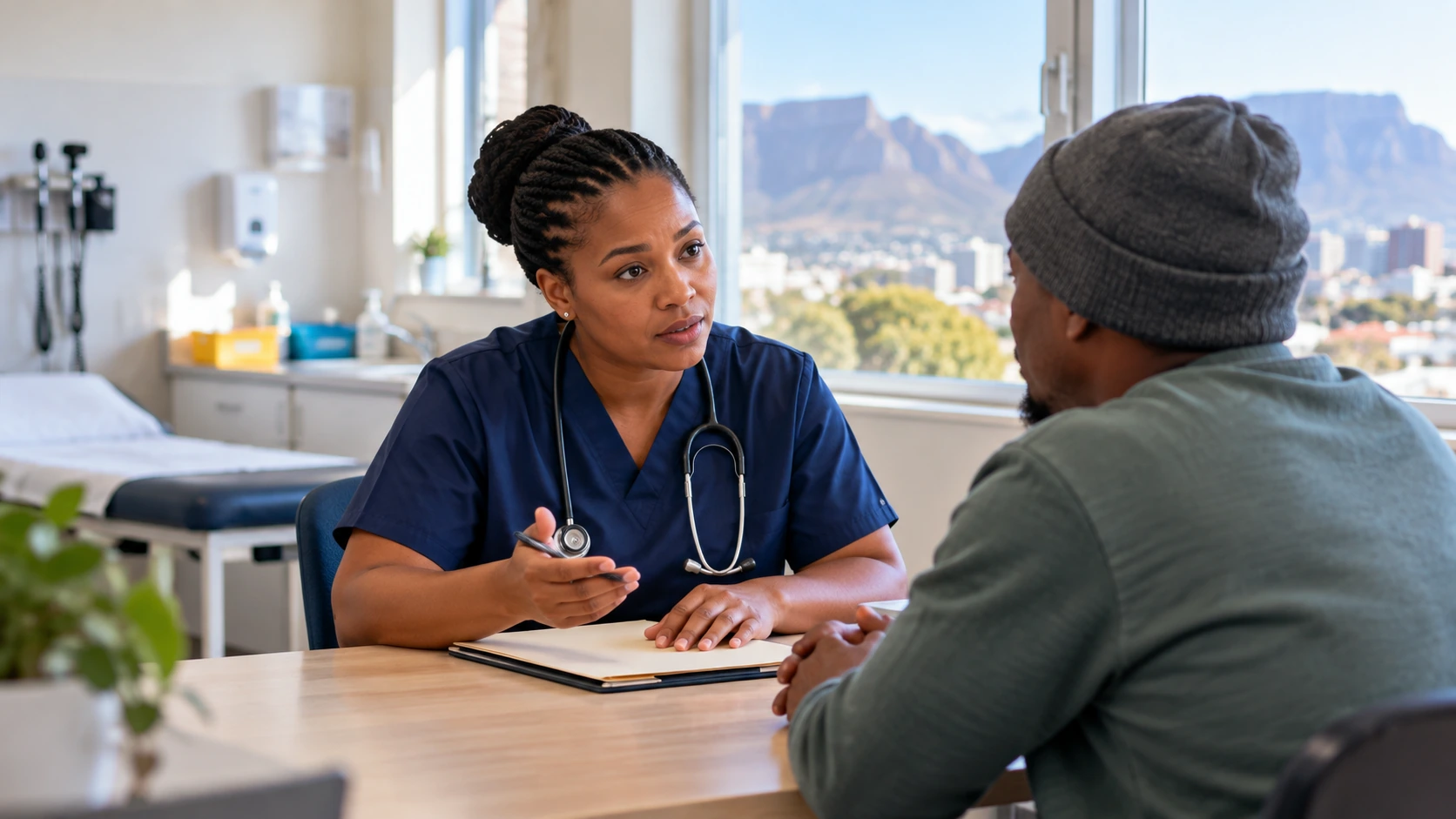 A nurse having a confidential screening conversation with an adult.