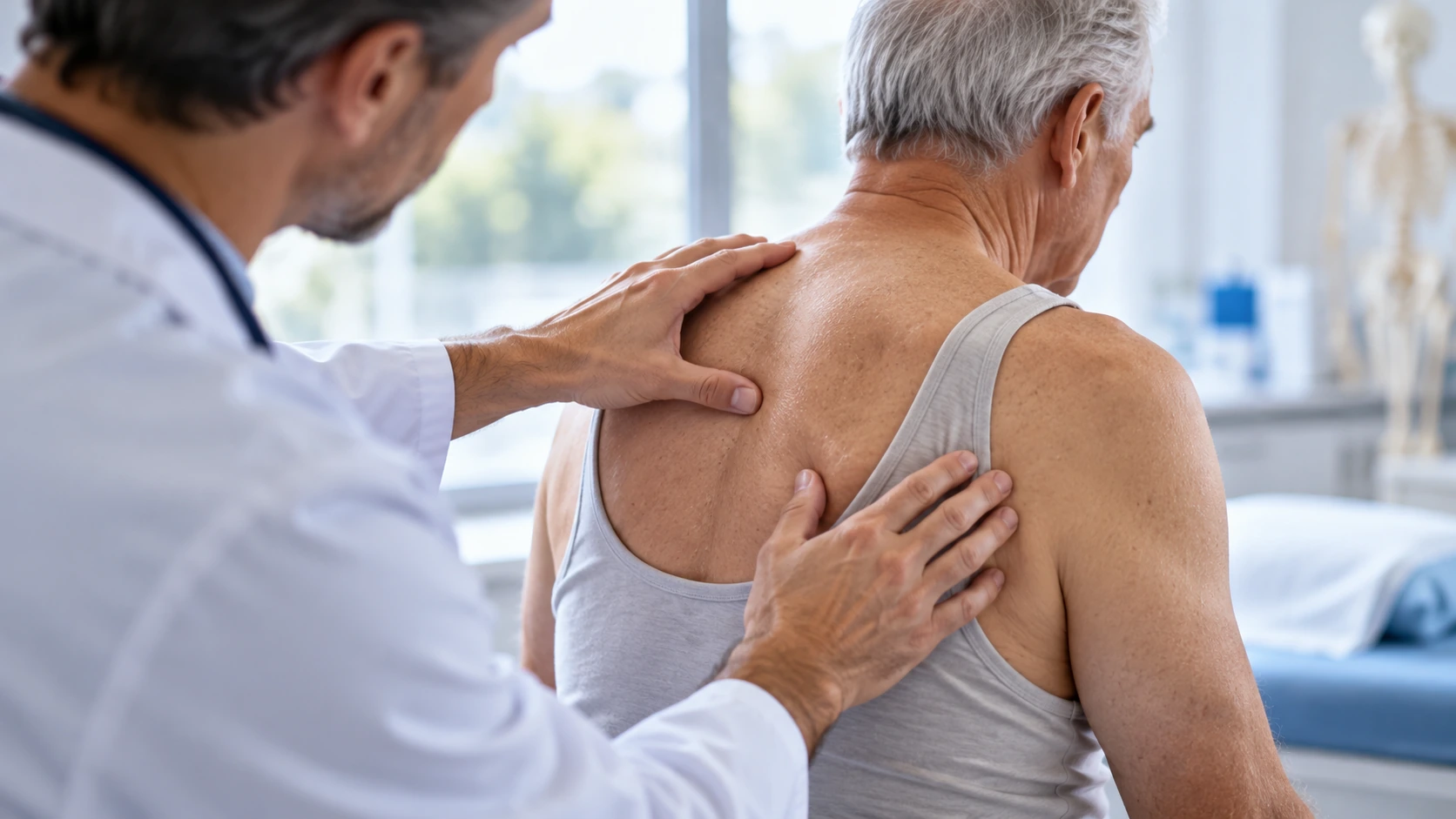 A clinician examining an older man's shoulder-blade area during a medical consultation.