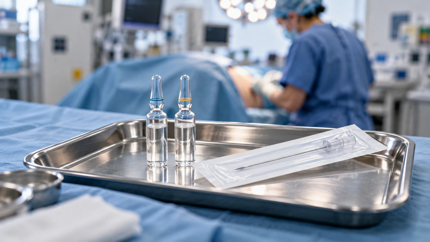 Unlabelled medication ampoules and a sealed spinal-anaesthesia kit prepared on a sterile tray.